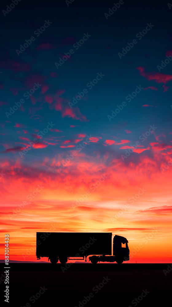 Silhouette of a truck against a vibrant sunset sky, representing transportation and logistics in a scenic landscape. Silhouette of a truck against a vibrant sunset sky, representing transportation and logistics in a scenic landscape.