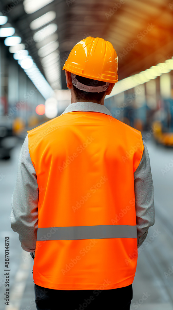Worker in an orange safety vest and hard hat standing in a warehouse or factory environment, focusing on industrial safety practices. Worker in an orange safety vest and hard hat standing in a warehouse or factory environment, focusing on industrial safety practices.