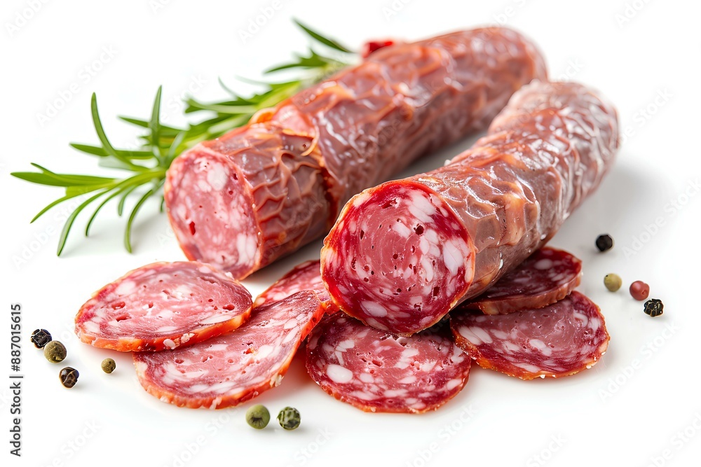 A pile of sliced sausage sitting on top of a white surface A pile of sliced sausage sitting on top of a white surface