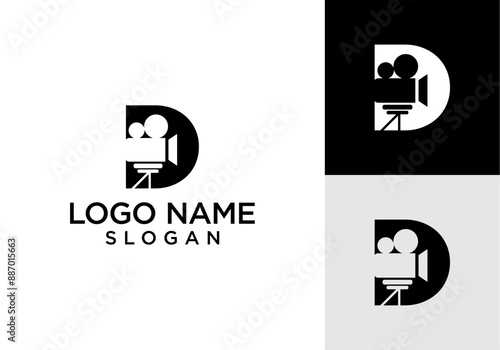 Vector Initial letter D logo with film camera icon.