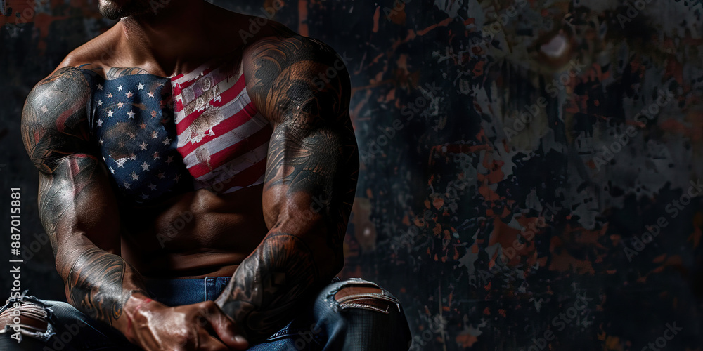 The Strong Hands of Freedom: A close-up shot of an American flag-themed tattoo, adorning the muscular arm of a male model.