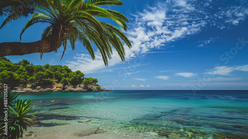 Fototapeta Naklejka Na Ścianę i Meble -  A beautiful blue ocean with a palm tree in the foreground