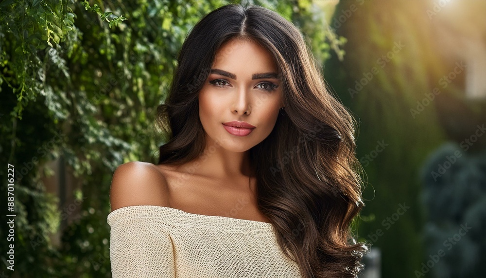 gorgeous woman over greenery background, AI generated gorgeous woman over greenery background, AI generated