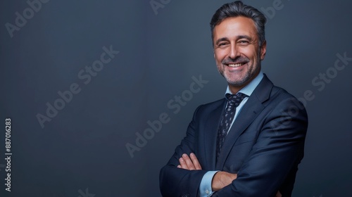 Confident MiddleAged Southern European Businessman Posing in Suit, Ideal for Professional and Corporate Settings