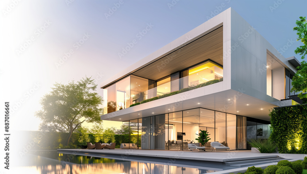 Fototapeta premium Luxurious Modern Home with Pool and Glass Walls at Sunset