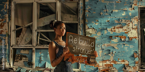 The Resilient Spirit of Republicanism: A woman standing in front of a bombed-out building, holding a sign that reads 