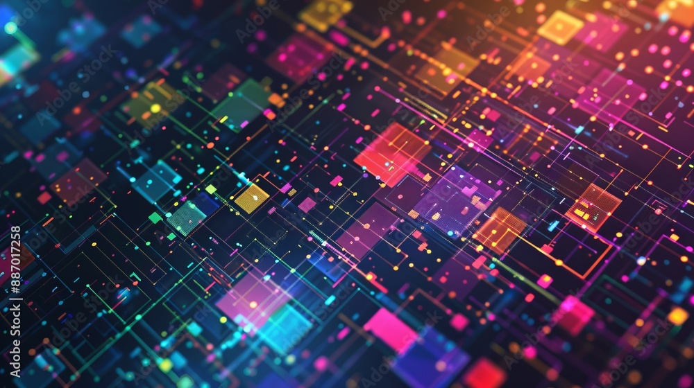 A visually rich composition of colorful and illuminated squares and lines arranged in a digital array, creating a sense of technological complexity and depth in the artwork. A visually rich composition of colorful and illuminated squares and lines arranged in a digital array, creating a sense of technological complexity and depth in the artwork.