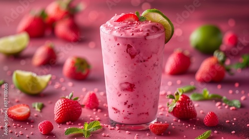Wallpaper Mural A glass of pink strawberry smoothie topped with a lime wedge and mint, surrounded by strawberries, limes, and raspberries. Torontodigital.ca