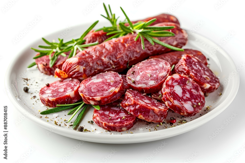 A white plate topped with sliced sausage next to a sprig of rosemary A white plate topped with sliced sausage next to a sprig of rosemary