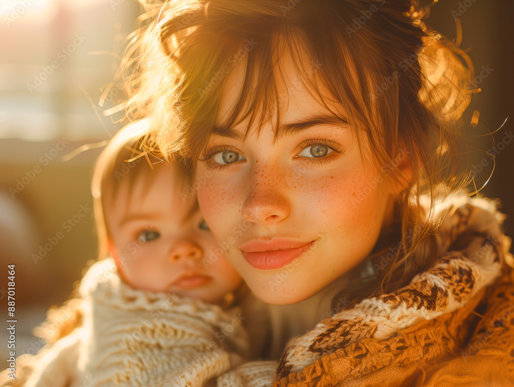 Mother holding her newborn baby in the early morning Mother holding her newborn baby in the early morning