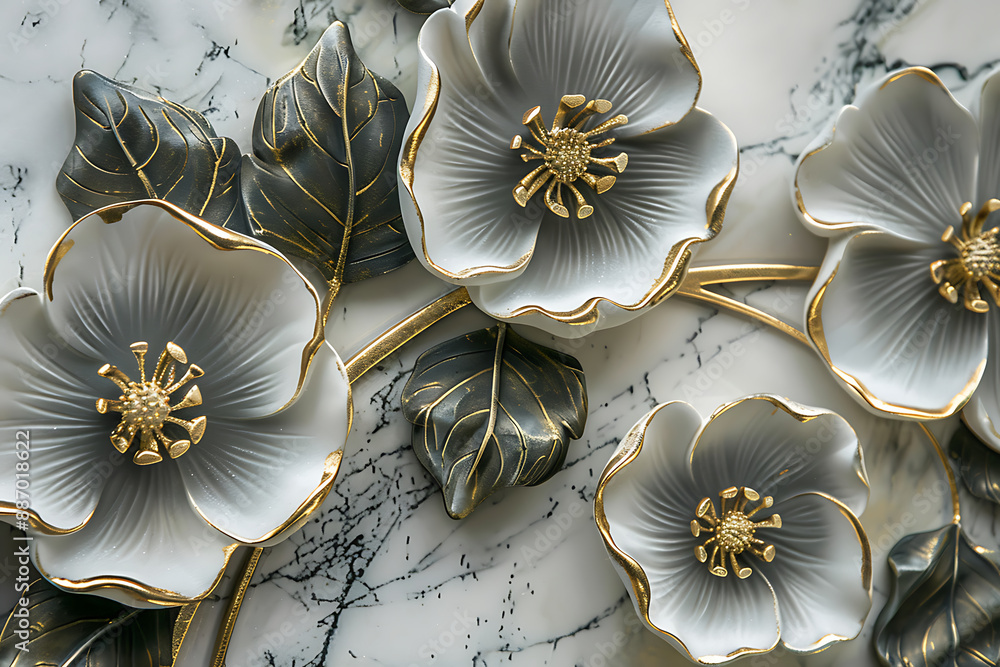 Obraz premium Abstract artistic background. Chinoiserie wallpaper, flowers, blue, oriental style, dioramas, flowers, golden brushstrokes. modern Art. Wallpapers, posters,