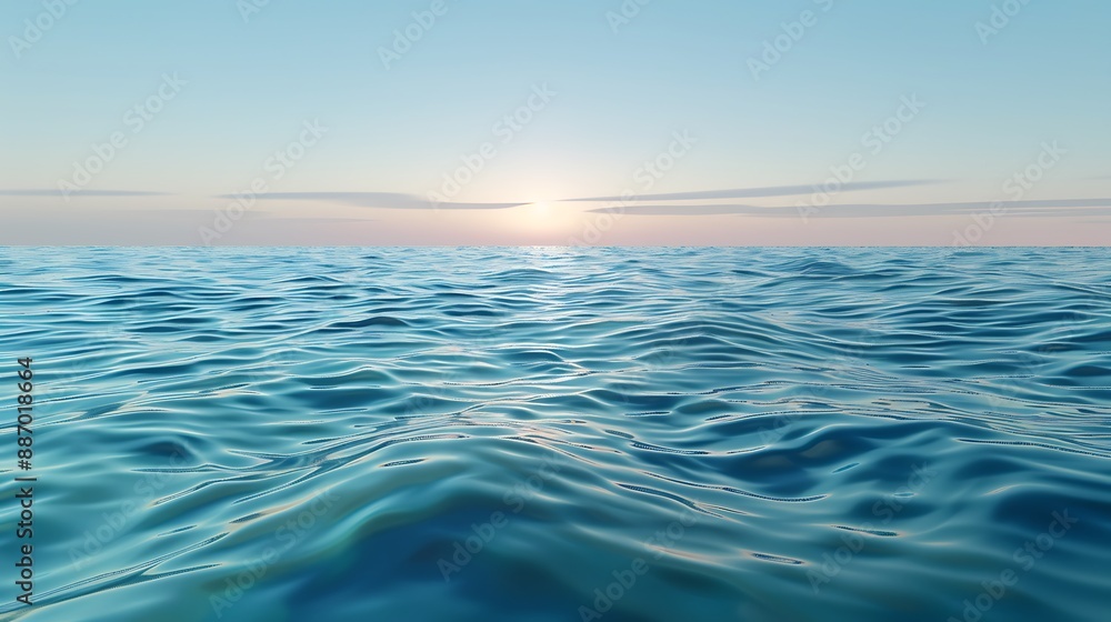 Fototapeta premium Serene azure waves cresting under a clear sky, reflecting a gradient from deep navy to cerulean. Gentle ripples carry the hues of sunset.