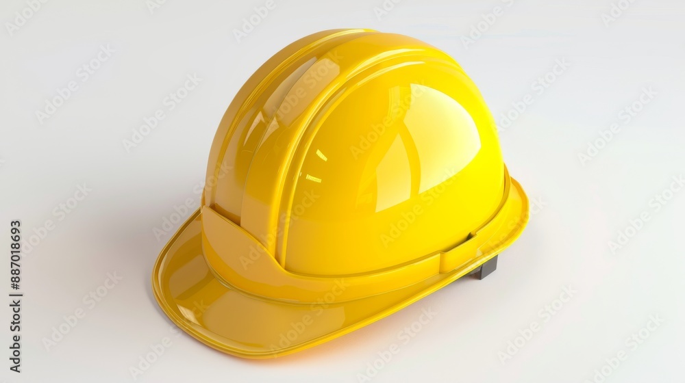 Fototapeta premium A bright yellow hardhat, used for safety, is shown on a plain white background. A 3D illustration of this protective headgear, typically worn by construction workers and handymen, is also included.