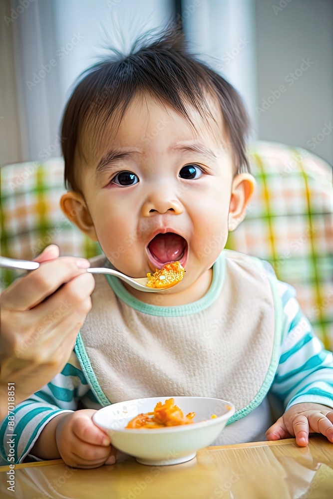 Happy smiling Asian baby with mom while eating in the living room at home. Preschool child development, food menu for 1 year old Happy smiling Asian baby with mom while eating in the living room at home. Preschool child development, food menu for 1 year old