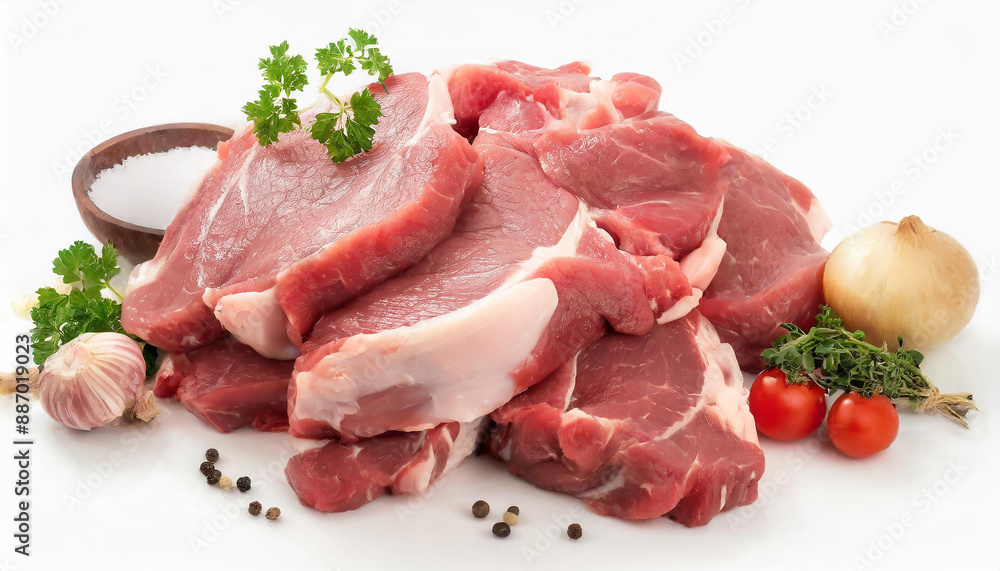 Fresh raw steaks garnished with garlic, peppercorns and fresh parsley for culinary use. Meat