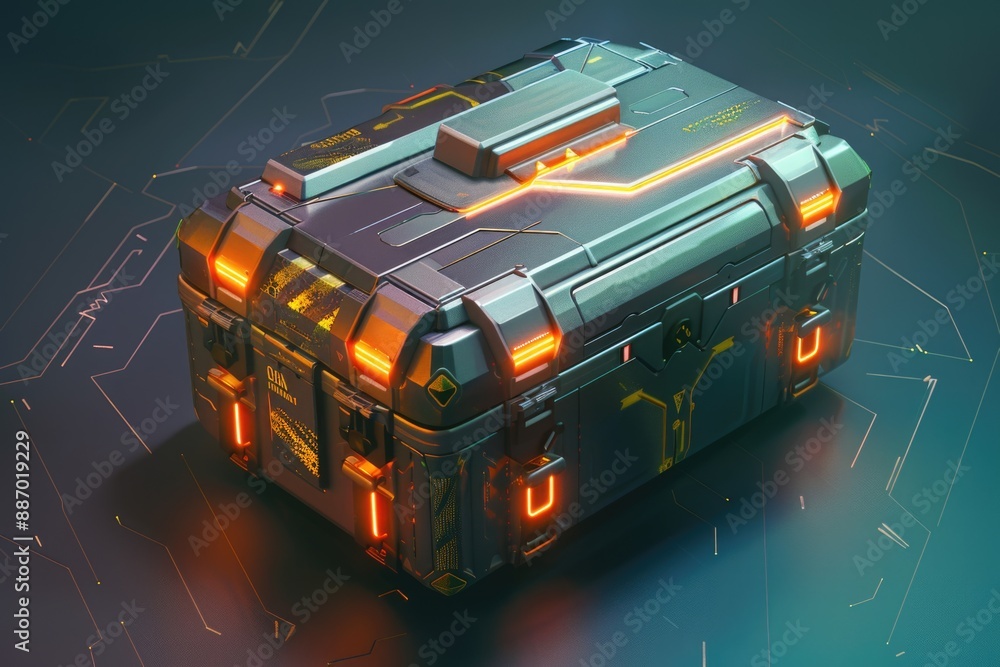 A large metal chest with glowing lights, suitable for sci-fi or fantasy scenes A large metal chest with glowing lights, suitable for sci-fi or fantasy scenes