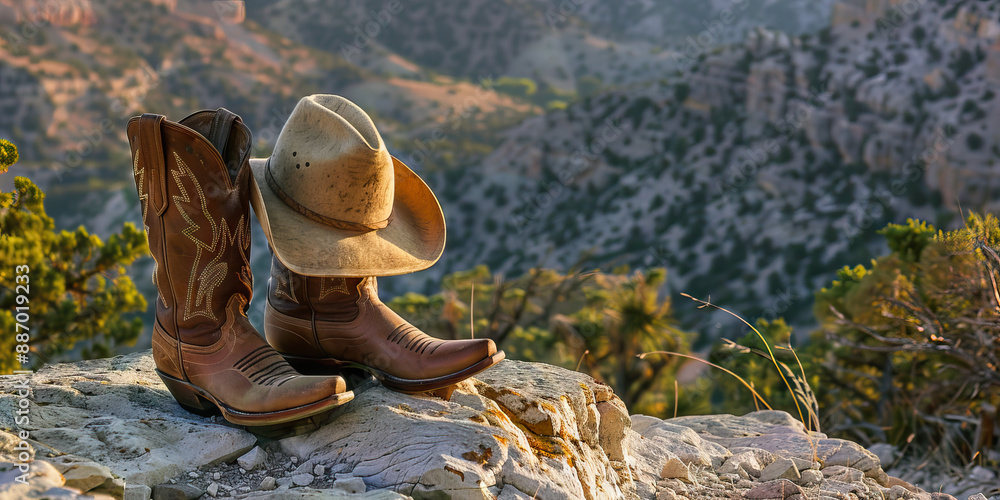 Obraz premium The Intrepid Explorers of the Frontier: A rugged landscape, with a pair of cowboy boots planted firmly on a stone outcrop, and a Stetson hat resting nearby.