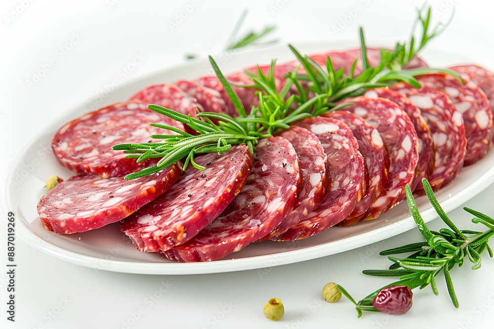 Sliced sausage on a white plate with a sprig of rosemary Sliced sausage on a white plate with a sprig of rosemary