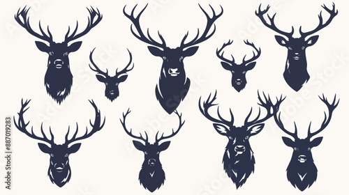 Deer horns reindeer heads vector silhouettes set. 