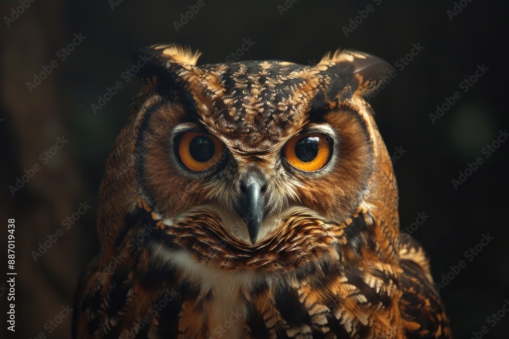 Close-up view of an owl's face with prominent yellow eyes, suitable for use in nature or wildlife photography projects Close-up view of an owl's face with prominent yellow eyes, suitable for use in nature or wildlife photography projects