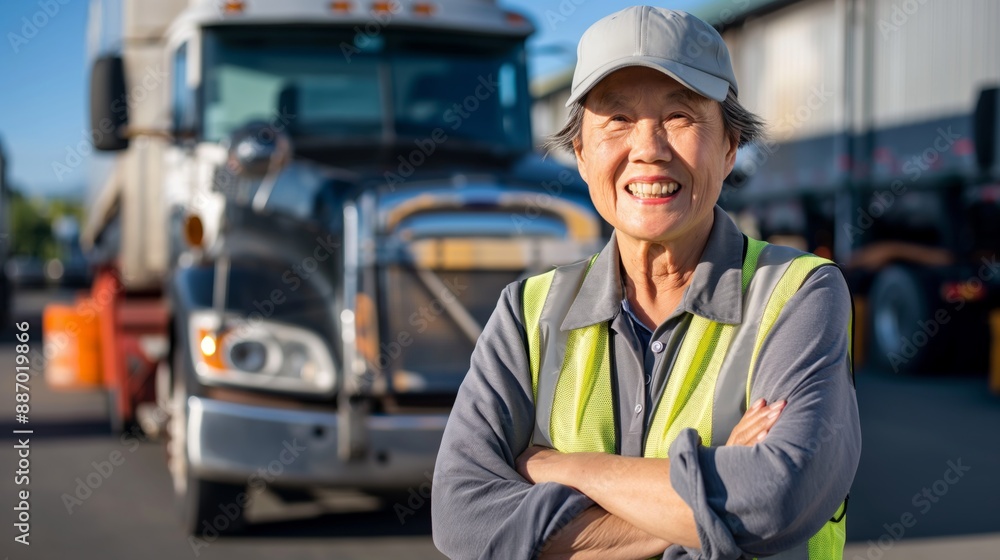Confident Elderly Korean Woman Smiling in Front of Truck, Reflecting Strength and Hard Work in Transportation Industry Confident Elderly Korean Woman Smiling in Front of Truck, Reflecting Strength and Hard Work in Transportation Industry