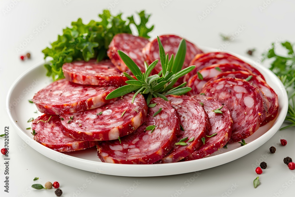 A white plate topped with slices of salami A white plate topped with slices of salami