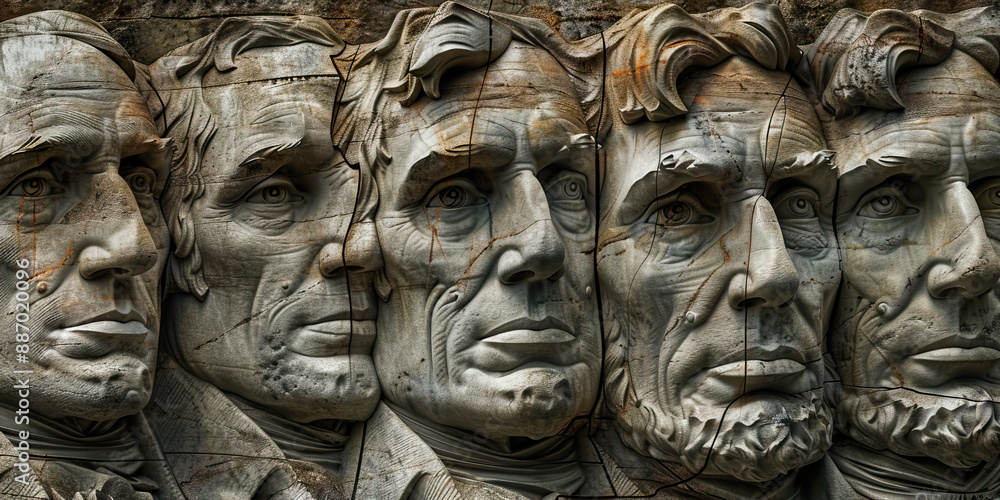 The Enduring Spirit of the Founding Fathers: A somber portrayal of George Washington, Thomas Jefferson, and Abraham Lincoln, their weathered faces etched into a marble wall. The Enduring Spirit of the Founding Fathers: A somber portrayal of George Washington, Thomas Jefferson, and Abraham Lincoln, their weathered faces etched into a marble wall.