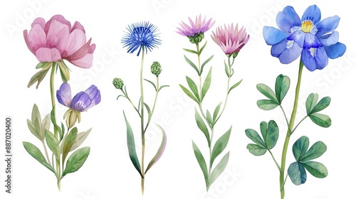 A beautifully detailed watercolor illustration of several flowers in vibrant colors including pink, blue, and purple, showcasing the delicate artistry of nature.