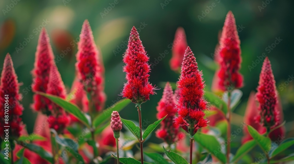 Botanical red celosia flower blooming in herbal garden Tropical floral backdrop in rural setting Botanical red celosia flower blooming in herbal garden Tropical floral backdrop in rural setting