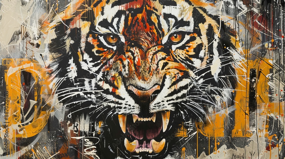 An energetic and vibrant abstract painting showcasing a roaring tiger surrounded by striking orange hues, capturing the fierce essence of this magnificent animal through bold artwork. An energetic and vibrant abstract painting showcasing a roaring tiger surrounded by striking orange hues, capturing the fierce essence of this magnificent animal through bold artwork.