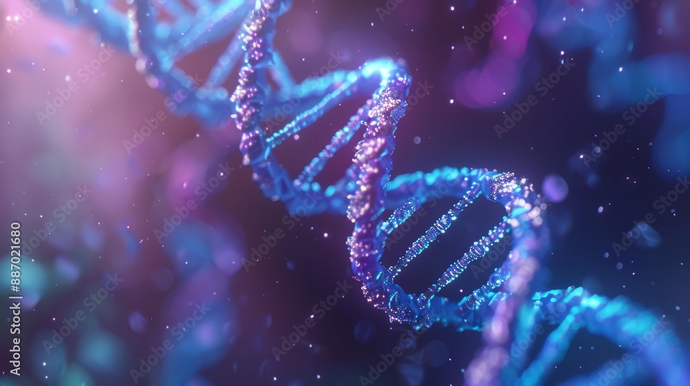A twisted blue and purple 3D DNA helix shows the science of changing genes. It's made of basic shapes and has a modern, geometric look. A twisted blue and purple 3D DNA helix shows the science of changing genes. It's made of basic shapes and has a modern, geometric look.