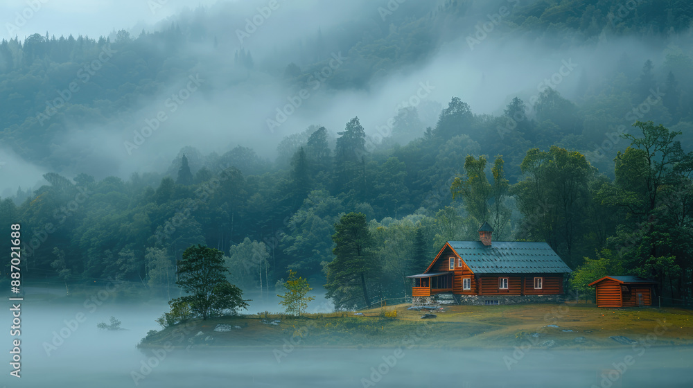 Fototapeta premium Isolated house in the mountain with fog, northern European farm in the countryside
