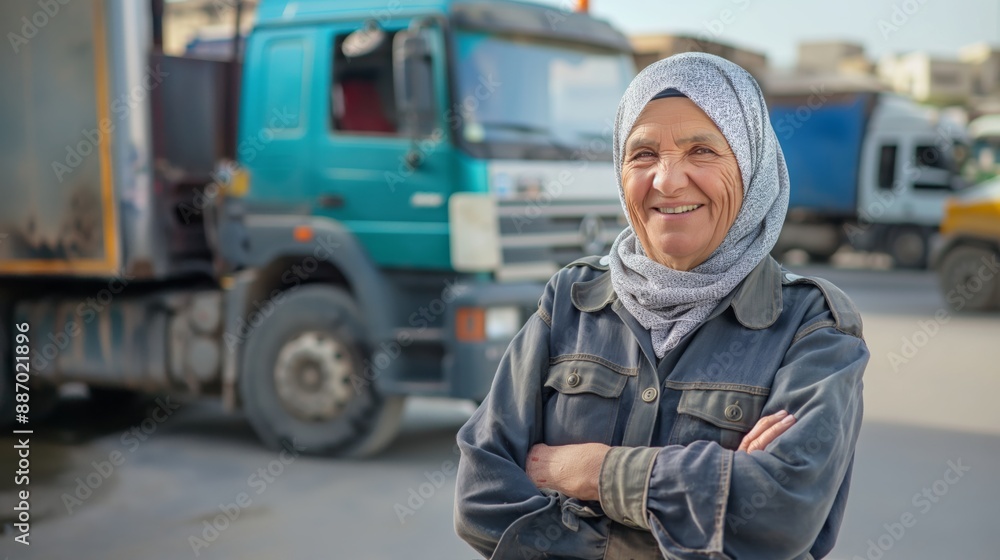 Senior Middle Eastern Woman Smiling in Front of Trucks, Diversity, Industrial Worker, Outdoor Scene, Candid Portrait for Print, Web Design, Posters Senior Middle Eastern Woman Smiling in Front of Trucks, Diversity, Industrial Worker, Outdoor Scene, Candid Portrait for Print, Web Design, Posters