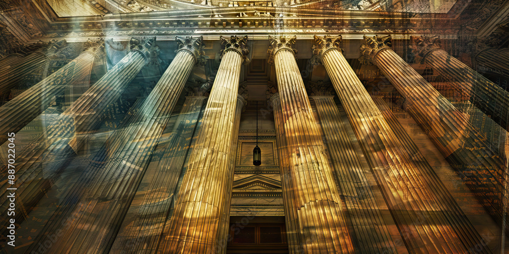 Obraz premium Constitutional Cathedral: A close-up of the United States Constitution, framed by the columns of an ancient temple.
