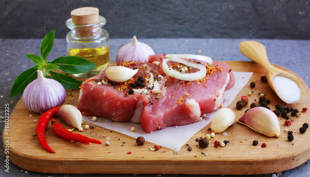 Fresh raw meat garnished with garlic, peppercorns and fresh rosemary for culinary use. Uncooked Fresh raw meat garnished with garlic, peppercorns and fresh rosemary for culinary use. Uncooked