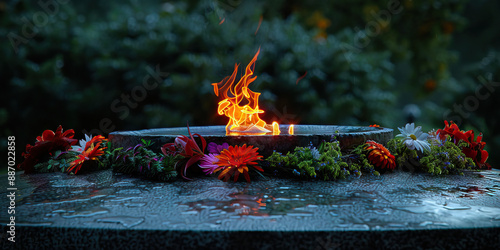 The Eternal Flame of Remembrance: A solitary flame, burning brightly, surrounded by wreaths and flowers, atop a granite pedestal. photo