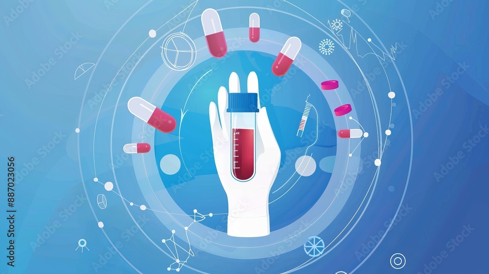 An illustrated hand holds a blood-filled test tube amid floating red and white capsules, signifying medical research, healthcare, and laboratory testing in a futuristic design. An illustrated hand holds a blood-filled test tube amid floating red and white capsules, signifying medical research, healthcare, and laboratory testing in a futuristic design.
