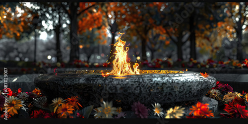 The Eternal Flame of Remembrance: A solitary flame, burning brightly, surrounded by wreaths and flowers, atop a granite pedestal. photo