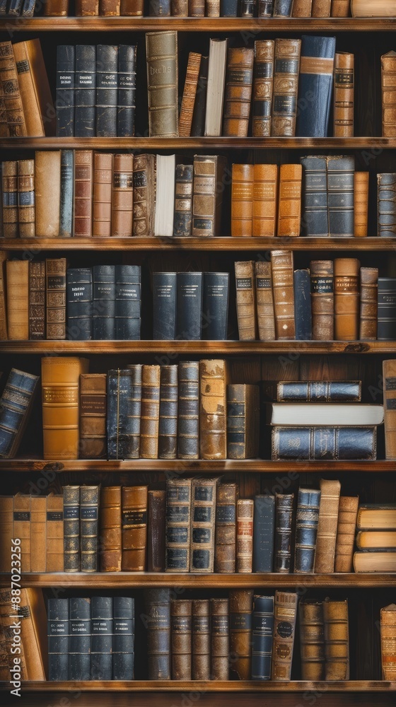 A row of leather-bound books with ornate gold designs sit on a wooden shelf A row of leather-bound books with ornate gold designs sit on a wooden shelf