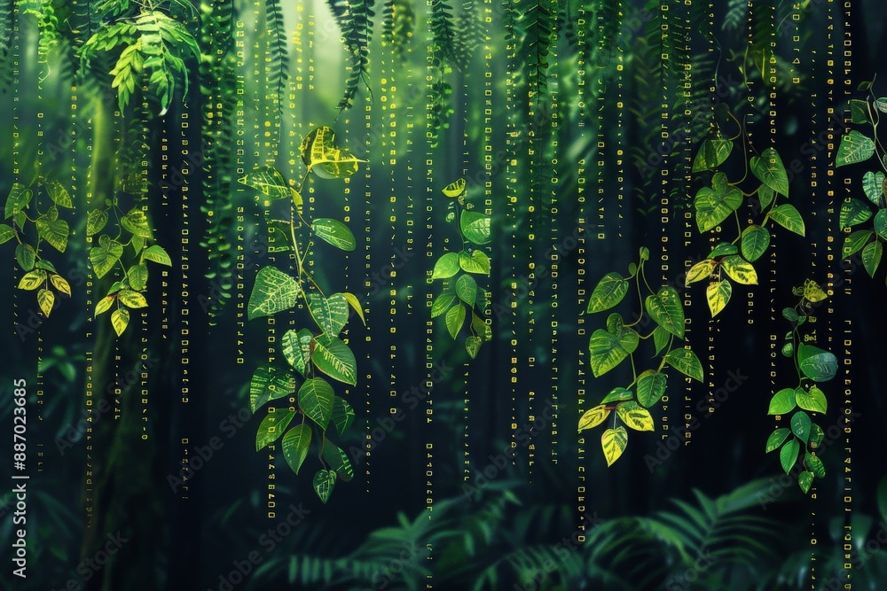Obraz premium Rainy Night in a Green Forest with Lush Trees and Vibrant Nature