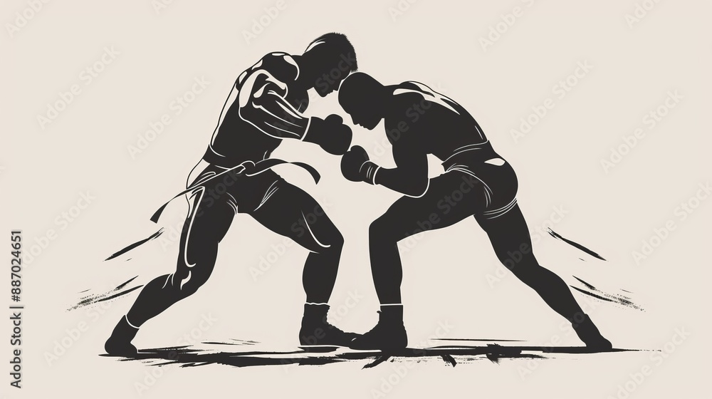 Fototapeta premium This image portrays two boxers trading punches, highlighting the intensity and focus required in boxing. The athletes demonstrate their skills and strategies in a closely matched fight.