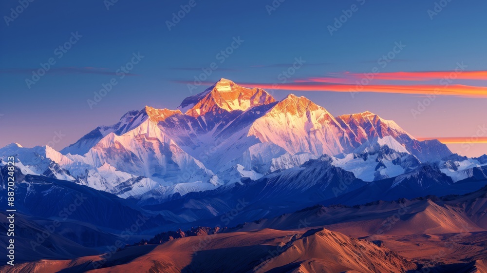 Top of Mount Qomolangma with the mountain range golden by sunlight. Snow-capped peaks of Mount Qomolangma at sunrise in stunning view. Top of Mount Qomolangma with the mountain range golden by sunlight. Snow-capped peaks of Mount Qomolangma at sunrise in stunning view.