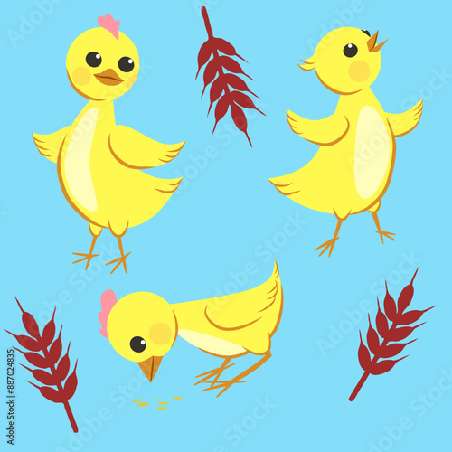 Set of cheerful chickens and ears of wheat on a blue background.
