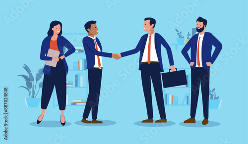 Business deal - Team and group of businesspeople shaking hands over agreement and collaboration. Teamwork and handshake concept in flat design vector illustration with blue background