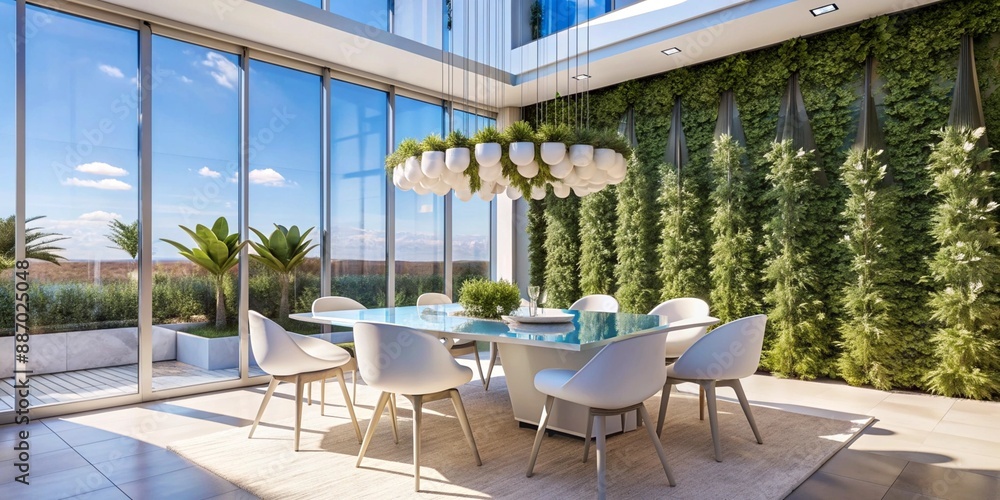 Fototapeta premium Generative ai. modern dining room, floor-to-ceiling windows, abundant natural light, greenery wall, contemporary furniture, elegant chandelier, bright and airy ambiance, minimalistic decor