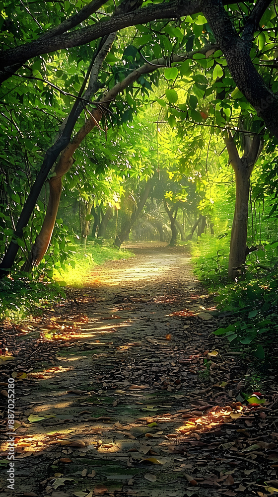 Fototapeta premium Tranquil Forest Path: A Journey of Serene Discovery and Connection to Nature’s Timeless Beauty
