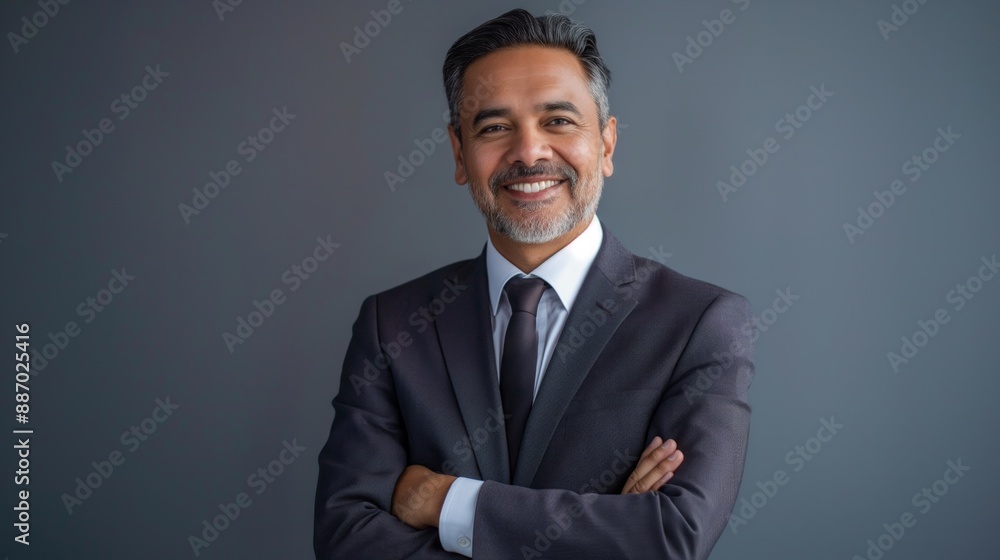 Confident MiddleAged Pakistani Businessman in Grey Suit Smiling with Arms Crossed Professional Portrait Confident MiddleAged Pakistani Businessman in Grey Suit Smiling with Arms Crossed Professional Portrait