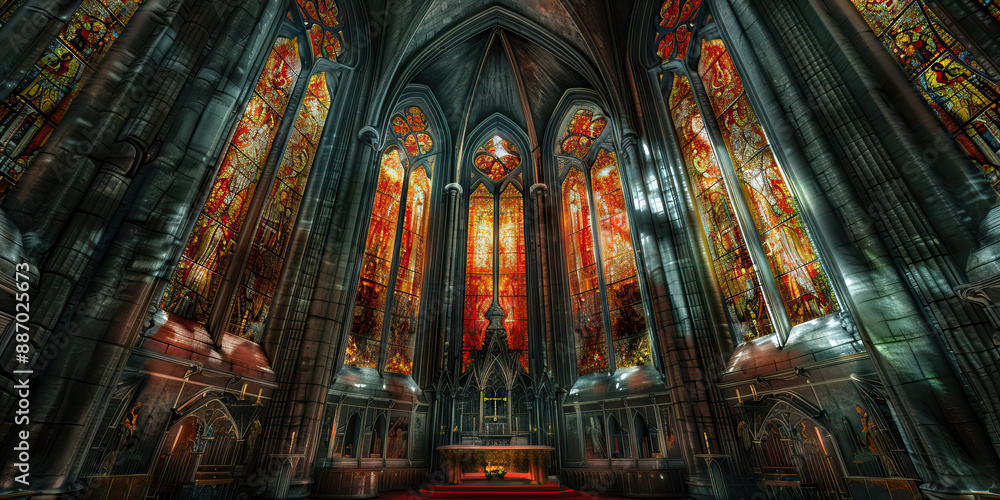 The Ecclesiastical Edifice: A grand cathedral's intricate stained-glass windows bathe its interior in hues of red and gold. The Ecclesiastical Edifice: A grand cathedral's intricate stained-glass windows bathe its interior in hues of red and gold.