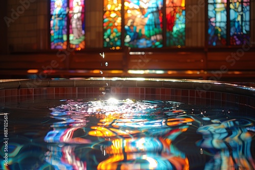 A Drop of Holy Water in a Baptismal Font With Stained Glass Reflections