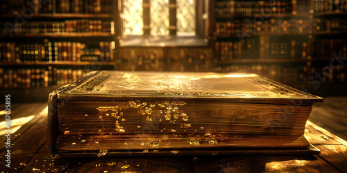 The Canonical Canopy: An ancient tome, adorned with gold leaf, rests on a gilded lectern in a dimly lit study.